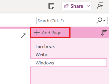 Add New Page in OneNote