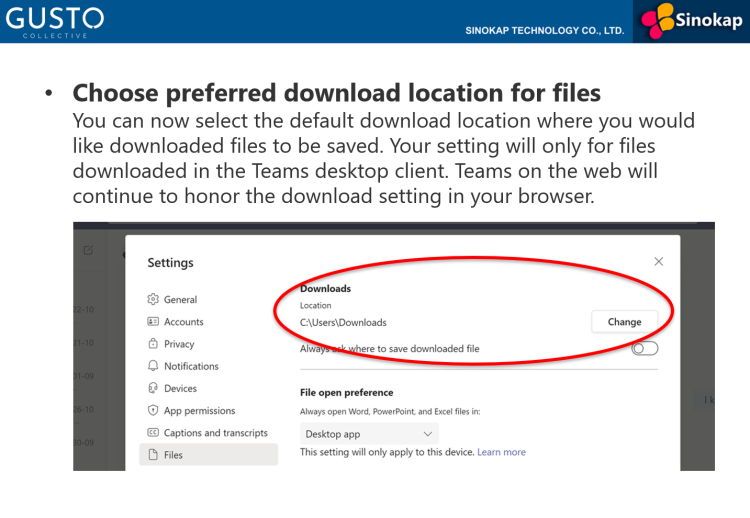 choose preferred download location for files in teams