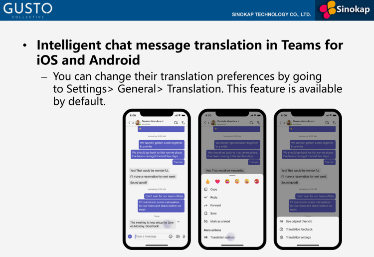 intelligent chat message translation in teams for iOS and Android.