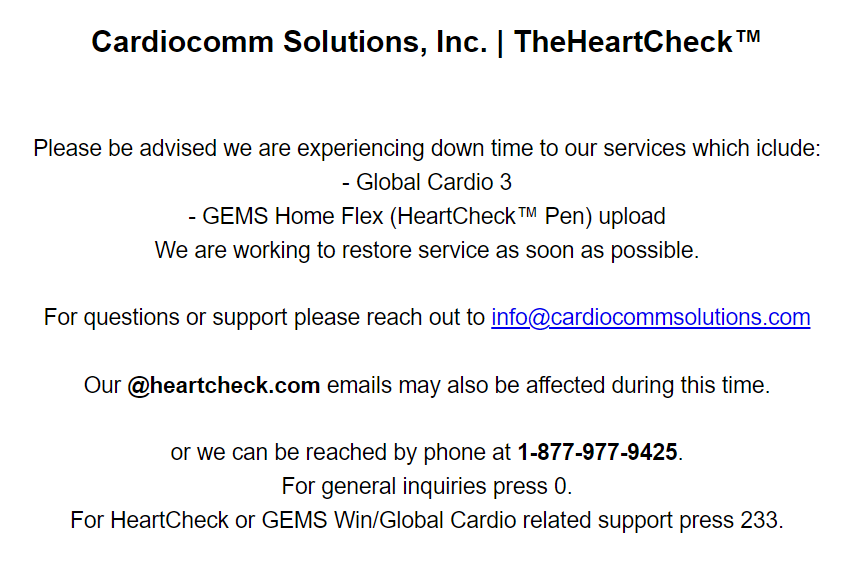 Cardiocomm website announcement