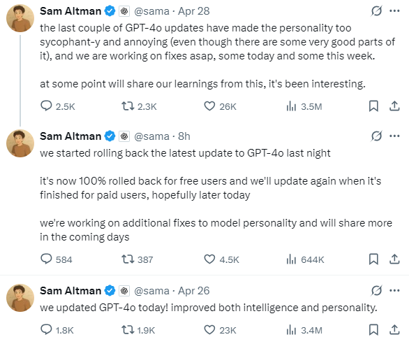 GPT-4o model exhibited an excessive tendency to be overly flattering or greasy in conversations