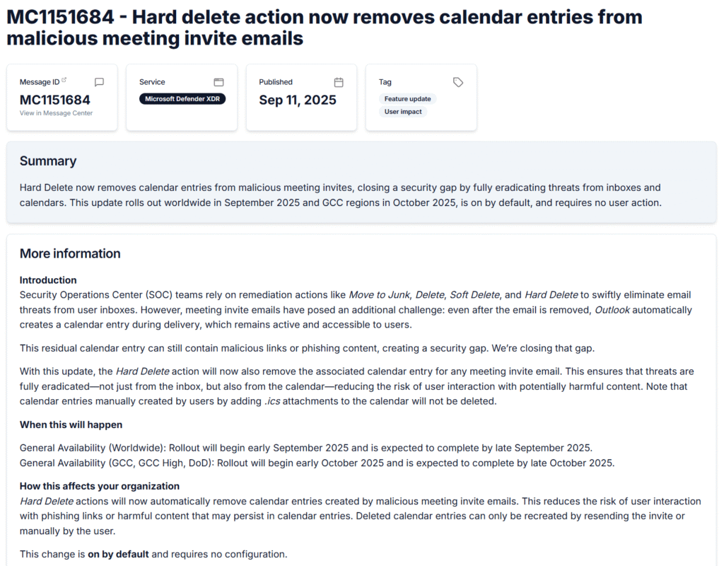 MC1151684-Hard Delete Action now removes calendar entries from malicious meeting invite emails
